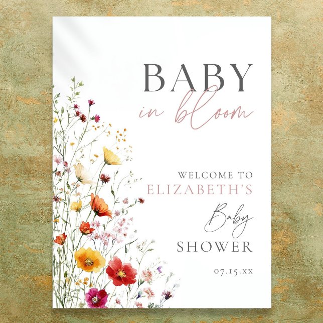 Póster Cartel de bienvenida para baby shower Flores silve (Baby In Bloom Wildflowers Baby Shower Welcome Sign)