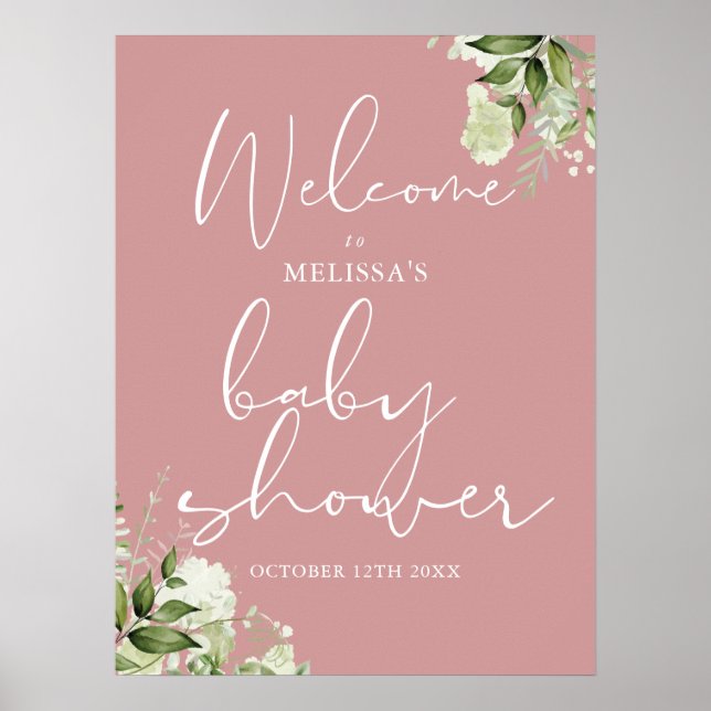 Póster Cartel de bienvenida para baby shower Greenery Dus (Frente)