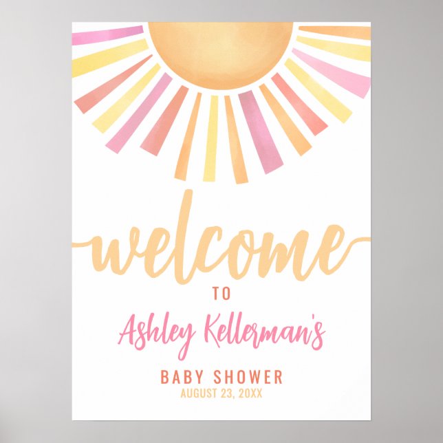 Póster Cartel de Bienvenida para Baby Shower Sol Rosado B (Frente)