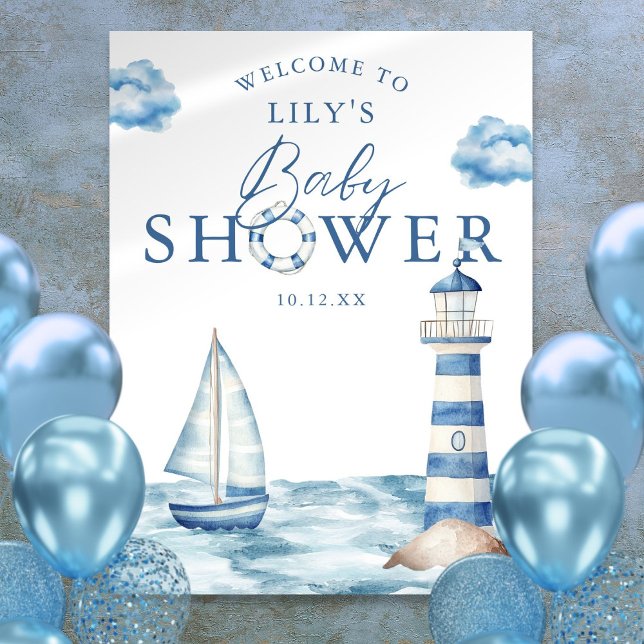 Póster Cartel de bienvenida para baby shower tema mariner (Nautical Boy Baby Shower Welcome Sign)