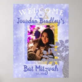 Póster Cartel de bienvenida para Bat Mitzvah azul y dorad