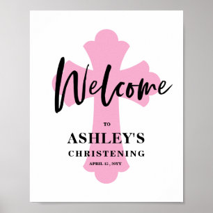 Póster Cartel de bienvenida para bautizo con cruz rosa