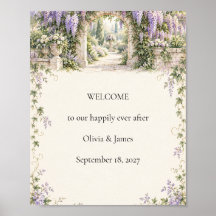 Cartel de bienvenida para boda con arco de lavanda