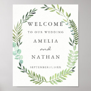 Póster Cartel de bienvenida para boda con corona de hojas