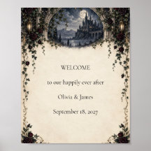 Cartel de bienvenida para boda en castillo gótico