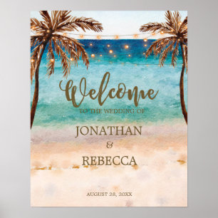 Póster cartel de bienvenida para boda moderna en playa tr