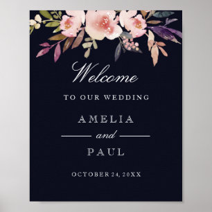 Póster Cartel de bienvenida para boda Peonías acuarela ro