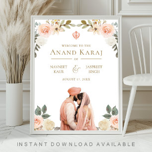 Póster Cartel de Bienvenida para Boda Sikh Anand Karaj Fl