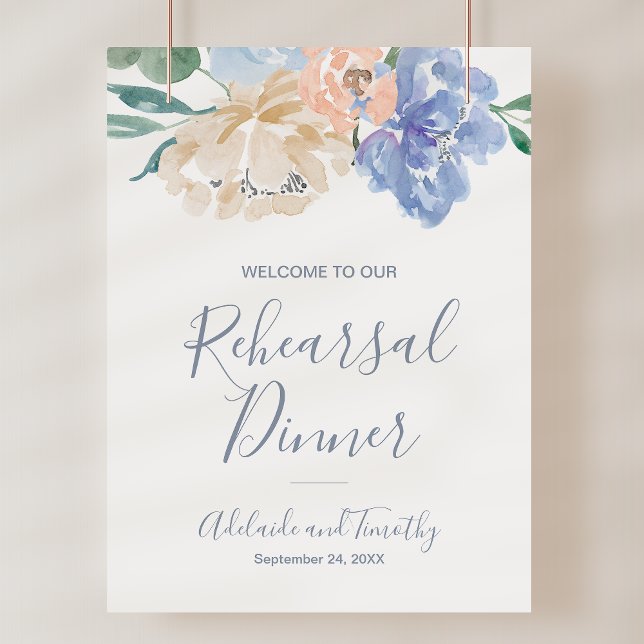 Póster Cartel de bienvenida para cena de ensayo de flores (Dusty Blue Florals Rehearsal Dinner Welcome Sign)