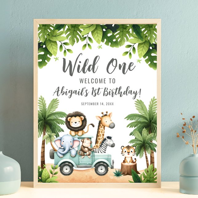 Póster Cartel de Bienvenida para Cumpleaños número 1 de W (Wild One Safari Jungle 1st Birthday Welcome Sign)