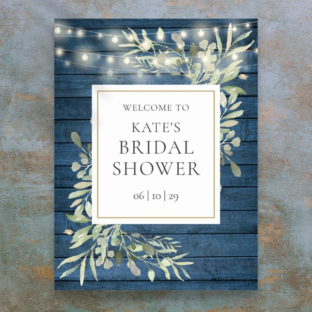 Póster Cartel de bienvenida para despedida de soltera con (Rustic Lights Greenery Bridal Shower Welcome Sign)