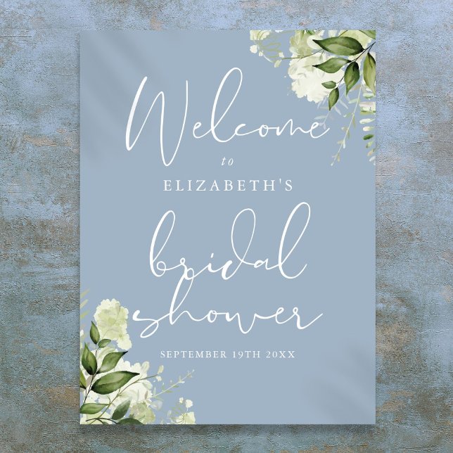 Póster Cartel de bienvenida para despedida de soltera con (Greenery Dusty Blue Bridal Shower Welcome Sign)