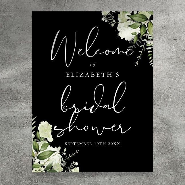 Póster Cartel de bienvenida para despedida de soltera con (Greenery Black White Bridal Shower Welcome Sign)
