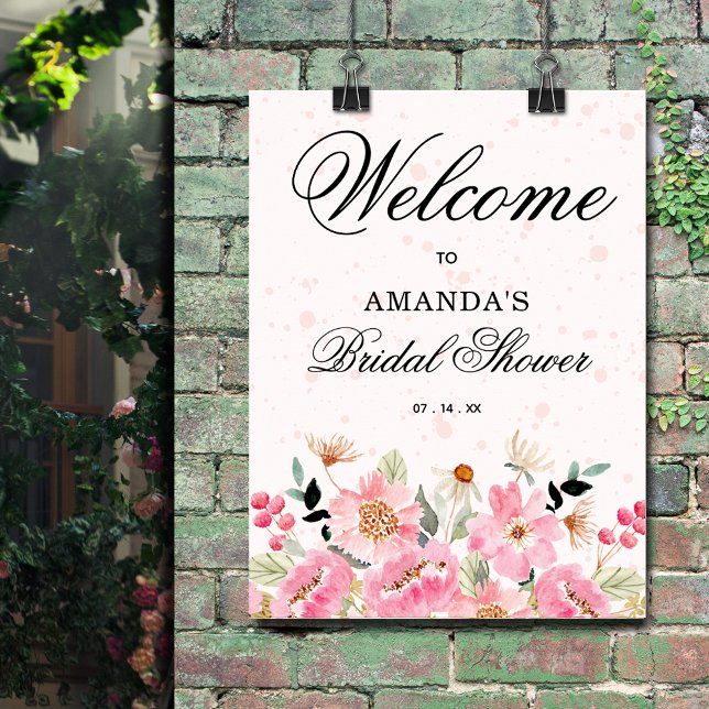 Póster Cartel de bienvenida para despedida de soltera con (Pink floral bridal shower  welcome sign poster - PRINTED or INSTANT DOWNLOAD)