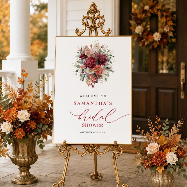 Póster Cartel de bienvenida para despedida de soltera gla (Glam maroon floral fall bridal shower welcome sign

)