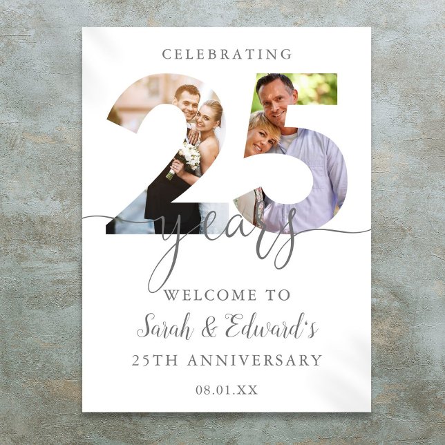 Póster Cartel de bienvenida para el 25 aniversario de bod (25th Wedding Anniversary 2 Photo Welcome Sign)