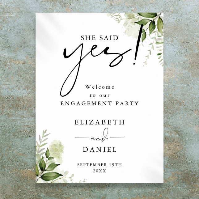 Póster Cartel de bienvenida para fiesta de compromiso de  (Floral Greenery Engagement Party Welcome Sign)