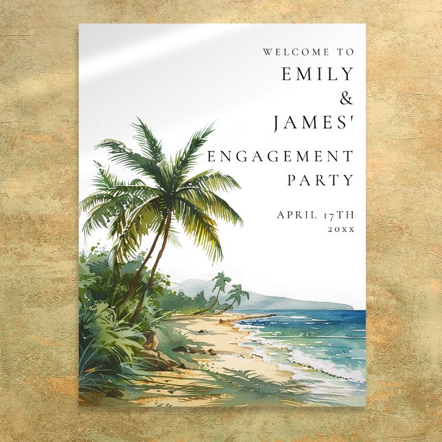 Póster Cartel de bienvenida para fiesta de compromiso en  (Tropical Palm Beach Engagement Party Welcome Sign)
