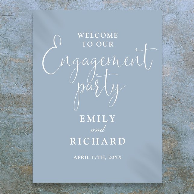 Póster Cartel de bienvenida para fiesta de compromiso en  (Dusty Blue Engagement Party Welcome Sign)