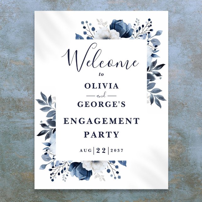 Póster Cartel de bienvenida para fiesta de compromiso flo (Navy Blue Floral Engagement Party Welcome Sign)