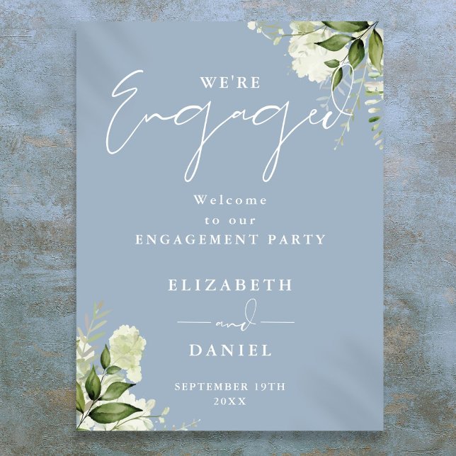 Póster Cartel de bienvenida para fiesta de compromiso Flo (Floral Dusty Blue Engagement Party Welcome Sign)