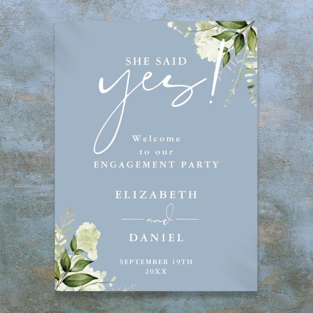 Póster Cartel de bienvenida para fiesta de compromiso Flo (Floral Dusty Blue Engagement Party Welcome Sign)