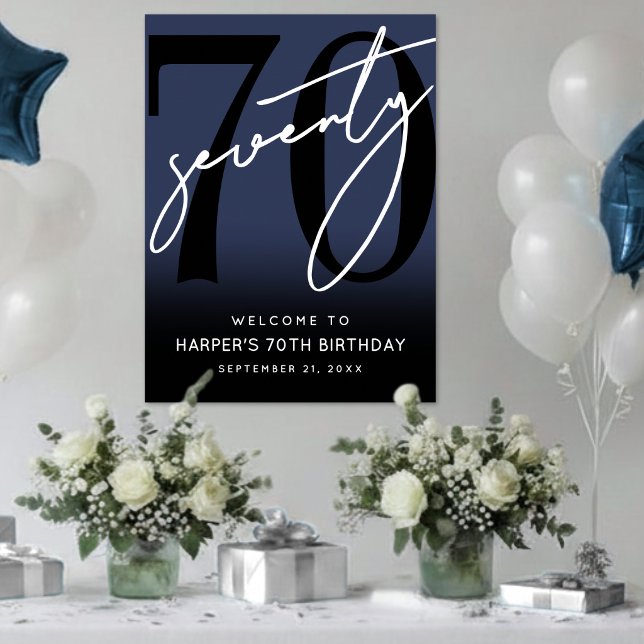 Póster Cartel de bienvenida para fiesta de cumpleaños núm (Navy Blue 70th Birthday Party Welcome Sign )