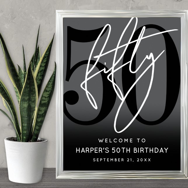 Póster Cartel de bienvenida para fiesta de cumpleaños núm (Modern Black 50th Birthday Party Welcome Sign)