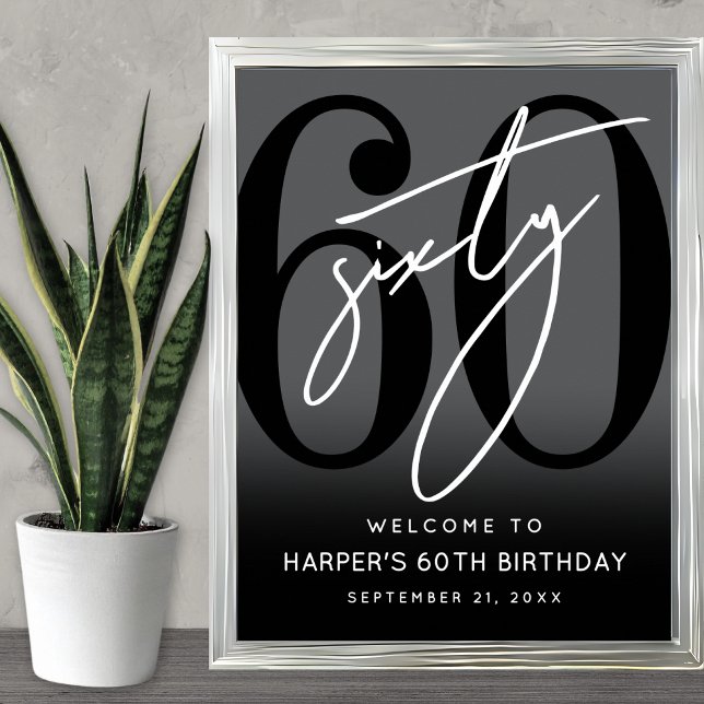 Póster Cartel de bienvenida para fiesta de cumpleaños núm (Modern Black 60th Birthday Party Welcome Sign)