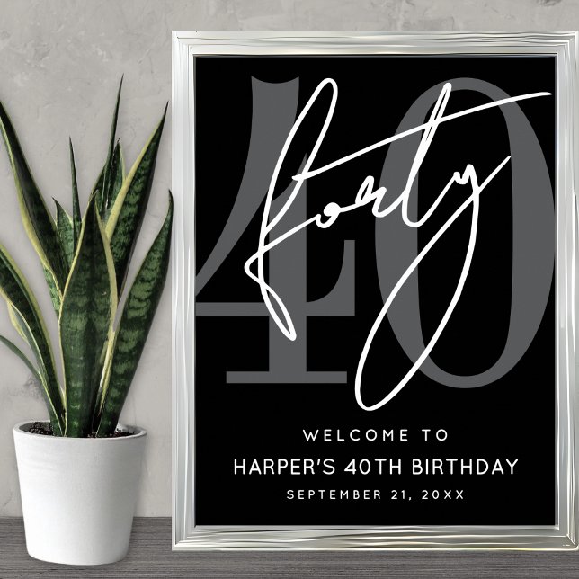 Póster Cartel de bienvenida para fiesta de cumpleaños núm (Modern Black 40th Birthday Party Welcome Sign)