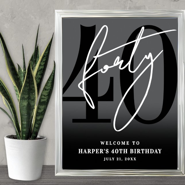 Póster Cartel de bienvenida para fiesta de cumpleaños núm (Black 40th Birthday Party Welcome Sign)