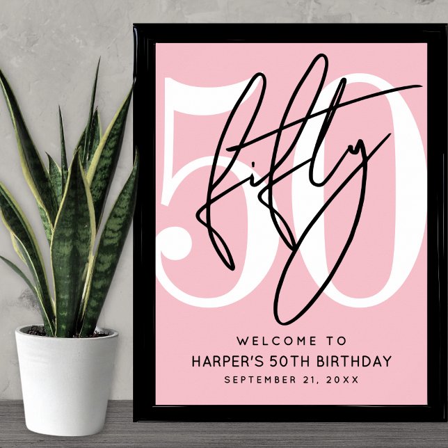 Póster Cartel de bienvenida para fiesta de cumpleaños núm (Pink 50th Birthday Party Welcome Sign)