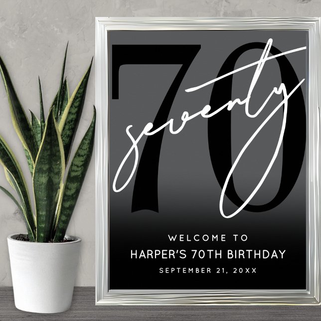 Póster Cartel de bienvenida para fiesta de cumpleaños núm (Modern Black 70th Birthday Party Welcome Sign)