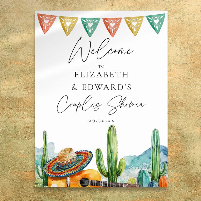 Póster Cartel de bienvenida para fiesta de parejas al est (Watercolor Fiesta Couples Shower Welcome Sign)