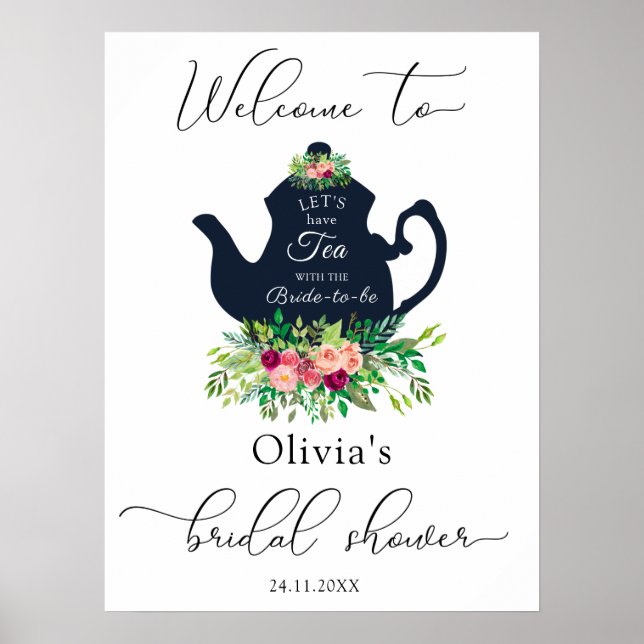 Póster Cartel de bienvenida para fiesta de té floral para (Frente)