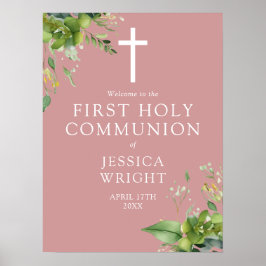 Póster Cartel de bienvenida para Primera Comunión en rosa