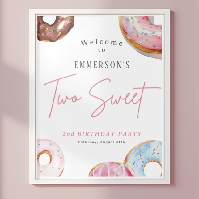 Póster Cartel de Bienvenida para Segundo Cumpleaños de Tw (Two Sweet Donut 2nd Birthday Welcome Sign
)