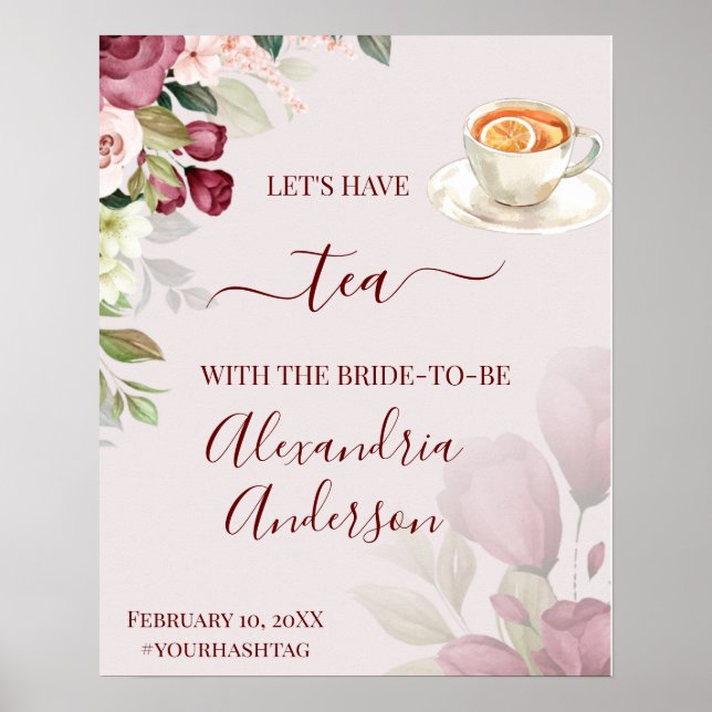 Póster Cartel de bienvenida para té de boda con rosas acu (Frente)