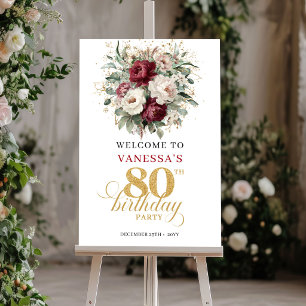 Póster Cartel de bienvenida por 80 cumpleaños con flores 