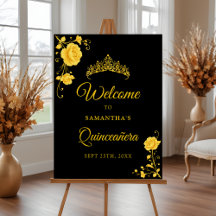 Cartel de bienvenida Quinceañera Floral Dorado eco