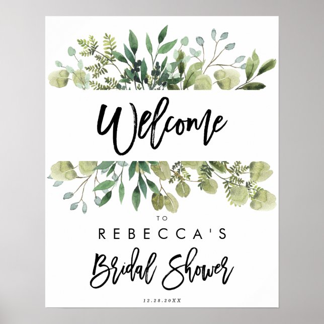 Póster cartel de bienvenida rústico de boda con vegetació (Frente)