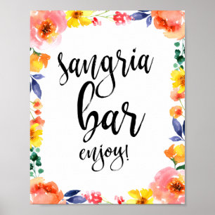 Póster Cartel de Boda Acuarela Floral Sangria Bar 8x10