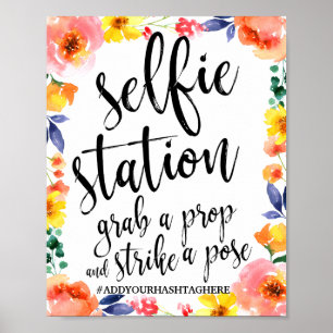 Póster Cartel de Boda Acuarela Floral Selfie Station 8x10