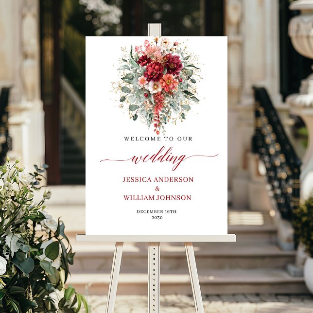 Póster Cartel de boda bohemio de otoño con flores granate (Maroon Floral Greenery Bohemian Fall Wedding Welcome

)