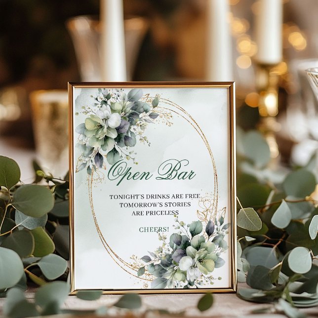 Póster Cartel de boda boho de barra abierta verde y blanc (Green and White Boho Open Bar Wedding Sign)