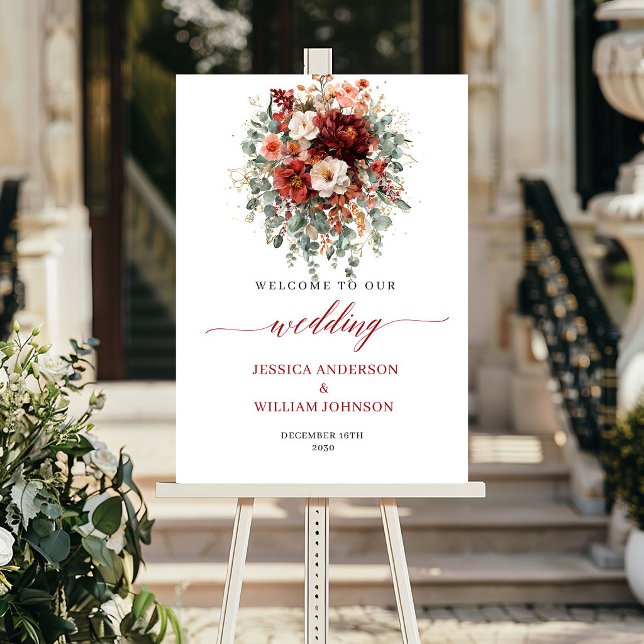 Póster Cartel de boda boho de eucalipto con flores de oto (Maroon Autumn Flowers Boho Eucalyptus Wedding Welcome

)