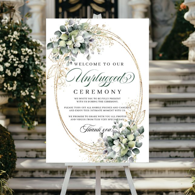 Póster Cartel de Boda Ceremonia Desconectada Foliaje Oro  (Green Gold Foliage Unplugged Ceremony Wedding Poster)
