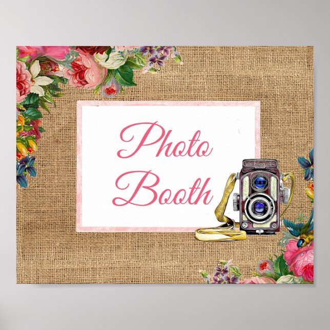 Póster Cartel de boda con cabina de fotos floral rosa (Frente)