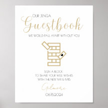 Cartel de boda con Jenga de caligrafía dorada para