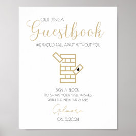 Póster Cartel de boda con Jenga de caligrafía dorada para